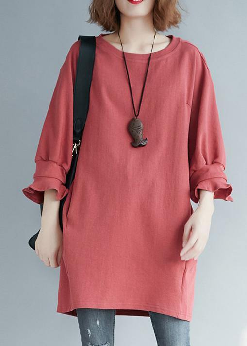 Elegant red linen tunic top o neck half sleeve short summer Dress - SooLinen