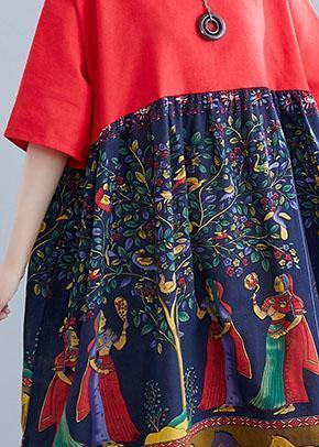 Elegant red patchwork print cotton clothes o neck Robe summer Dresses - SooLinen