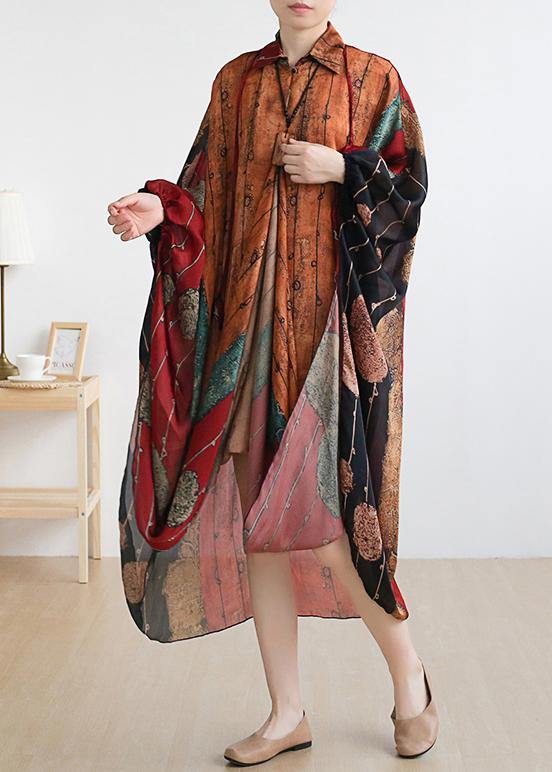 Elegant red print clothes For Women Plus Size lapel asymmetric Maxi Summer Dress - SooLinen