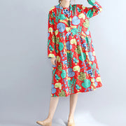 Elegant red prints pure linen dresses casual maxi dress women long sleeve patchwork midi dress