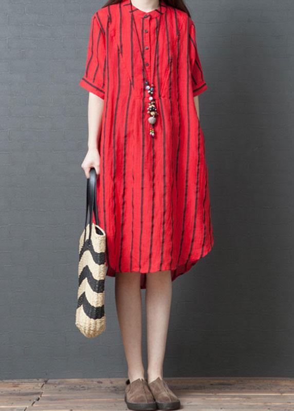 Elegant red striped cotton tunic dress stand collar loose summer Dresses - SooLinen