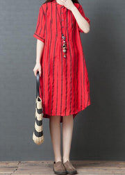 Elegant red striped cotton tunic dress stand collar loose summer Dresses - SooLinen