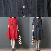 Elegant red striped cotton tunic dress stand collar loose summer Dresses - SooLinen