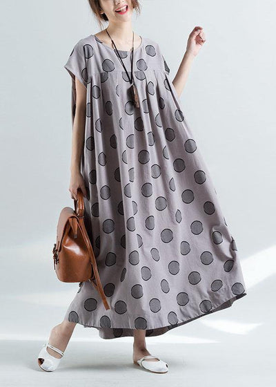 Elegant short sleeve o neck cotton clothes pattern gray dotted Plus Size Dress summer - SooLinen