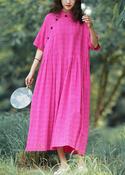 Elegant stand collar linen summer Robes Photography rese plaid Dress - SooLinen