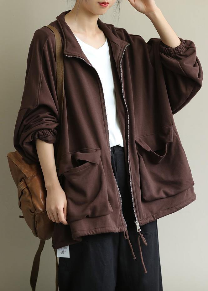 Elegant stand collar zippered Fine trench coat chocolate tunic coats - SooLinen