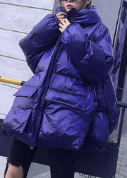 Elegant trendy plus size Jackets & Coats blue hooded pockets women parka - SooLinen