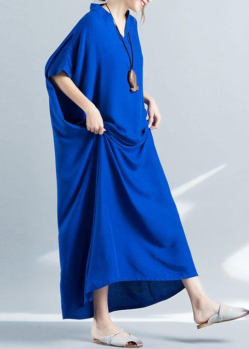 Elegant v neck baggy cotton summer clothes Women pattern blue loose Dress - SooLinen