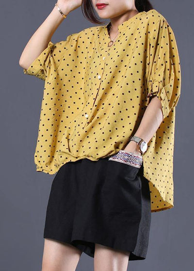 Elegant v neck cotton clothes For Women Shape yellow asymmetric dotted shirt summer - SooLinen