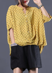 Elegant v neck cotton clothes For Women Shape yellow asymmetric dotted shirt summer - SooLinen