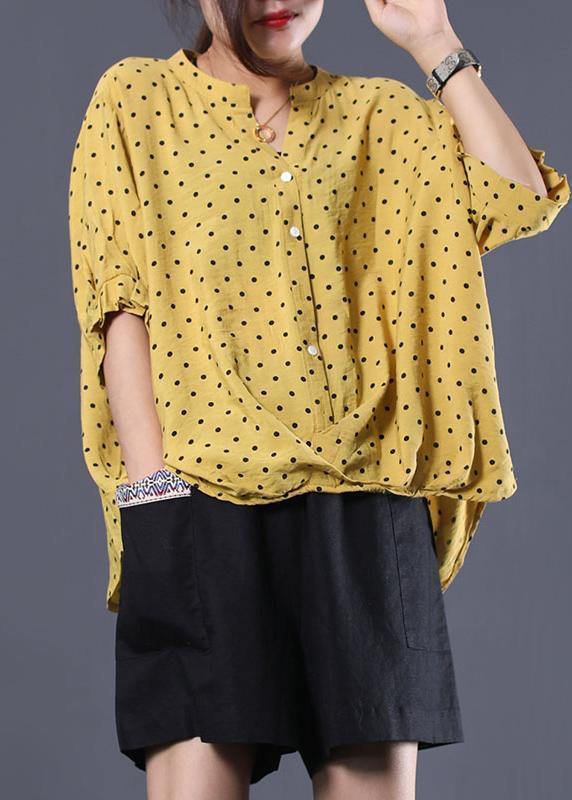 Elegant v neck cotton clothes For Women Shape yellow asymmetric dotted shirt summer - SooLinen