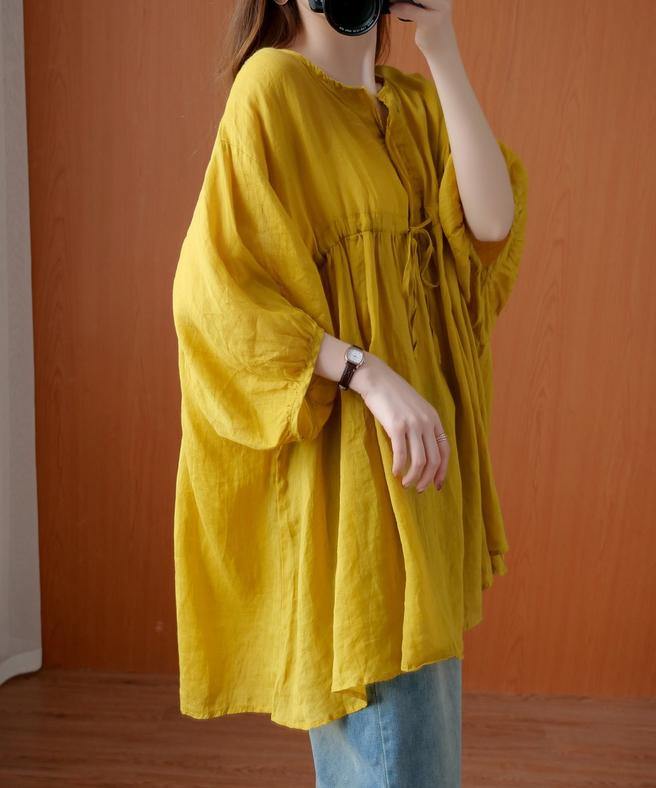 Elegant v neck drawstring blouses for women Sewing yellow top - SooLinen