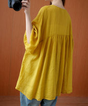 Elegant v neck drawstring blouses for women Sewing yellow top - SooLinen