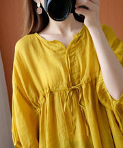 Elegant v neck drawstring blouses for women Sewing yellow top - SooLinen