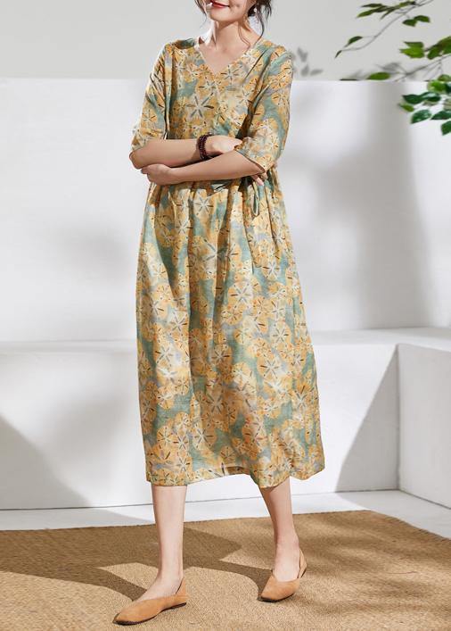 Elegant v neck tie waist linen summerclothes Fabrics green print Dress - SooLinen