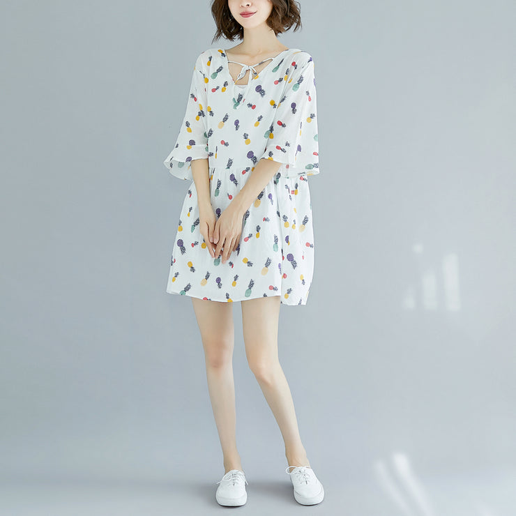 Elegant white Midi cotton dresses casual dress fine Half sleeve floral v neck knee dresses