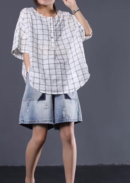 Elegant white plaid linen Tunic Cotton o neck summer shirt - SooLinen