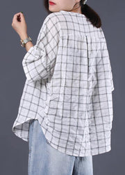 Elegant white plaid linen Tunic Cotton o neck summer shirt - SooLinen