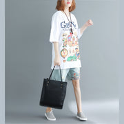 Elegant white print cotton tops women Boho Wardrobes o neck oversized top