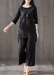 Elegant wide leg pants two pieces cotton clothes Women Boho Catwalk black o neck Chinese Button tops - SooLinen