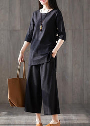 Elegant wide leg pants two pieces cotton clothes Women Boho Catwalk black o neck Chinese Button tops - SooLinen