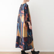 Elegant yellow blue prints chiffon maxi dress Loose fitting o neck chiffon maxi dress women half sleeve caftans