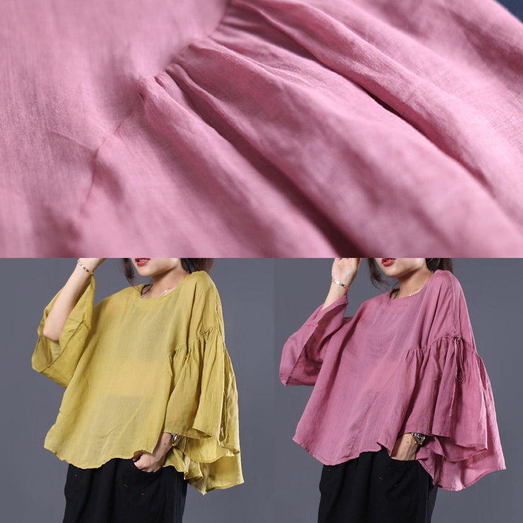 Elegant yellow linen Tunic Cotton o neck summer ruffles shirt - SooLinen