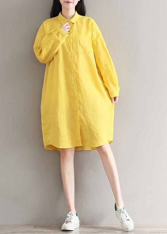 Elegant yellow linen clothes For Women fine design lapel spring shirt Dresses