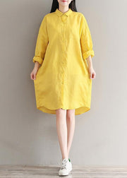 Elegant yellow linen clothes For Women fine design lapel spring shirt Dresses