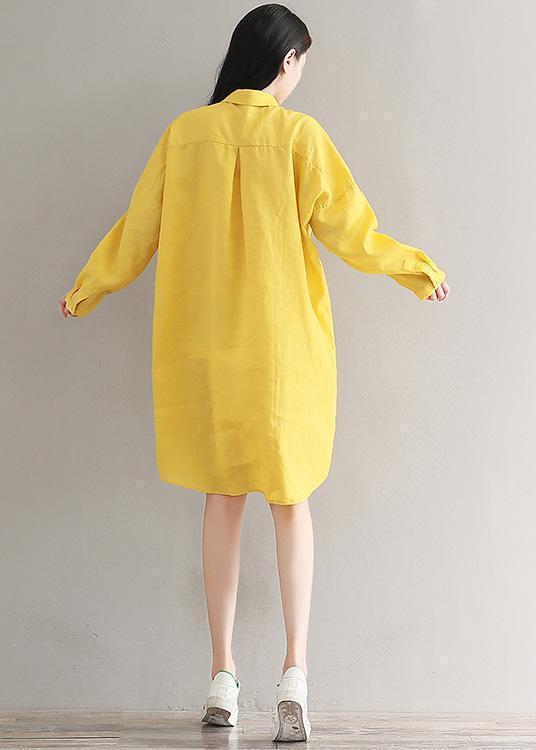 Elegant yellow linen clothes For Women fine design lapel spring shirt Dresses