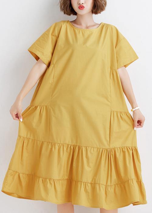 Elegant yellow o neck cotton Tunics ruffles Robe summer Dresses - SooLinen