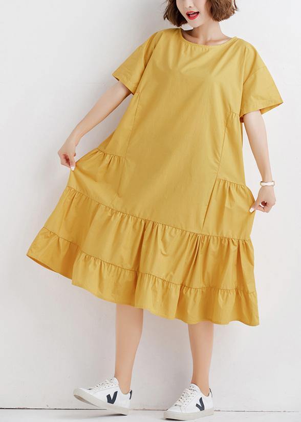 Elegant yellow o neck cotton Tunics ruffles Robe summer Dresses - SooLinen