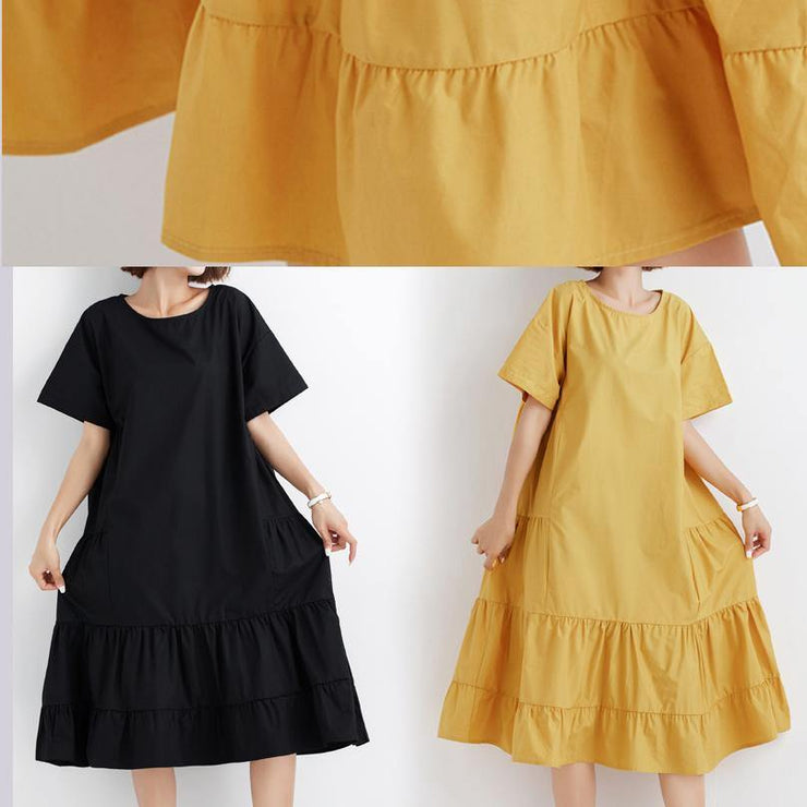 Elegant yellow o neck cotton Tunics ruffles Robe summer Dresses - SooLinen