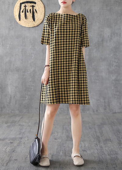 Elegant yellow plaid linen Tunics o neck half sleeve Midi summer Dress - SooLinen