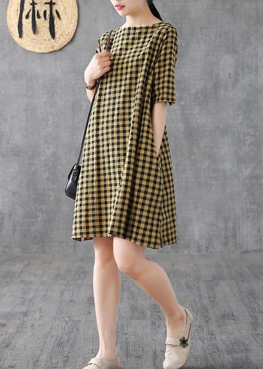 Elegant yellow plaid linen Tunics o neck half sleeve Midi summer Dress - SooLinen