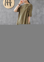 Elegant yellow plaid linen Tunics o neck half sleeve Midi summer Dress - SooLinen