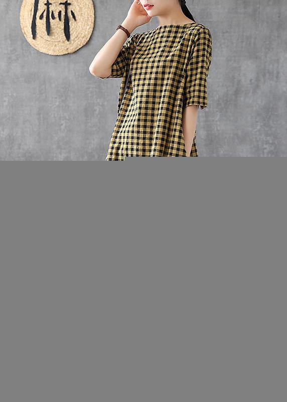 Elegant yellow plaid linen Tunics o neck half sleeve Midi summer Dress - SooLinen