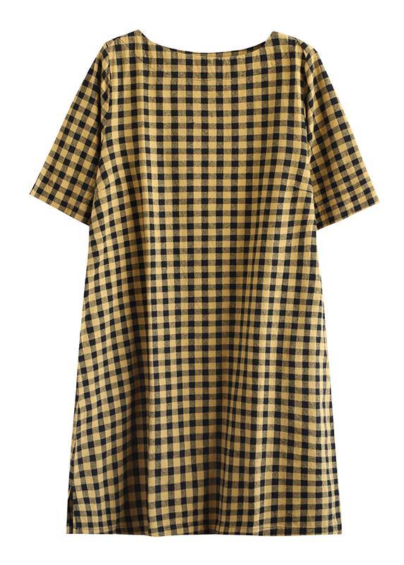 Elegant yellow plaid linen Tunics o neck half sleeve Midi summer Dress - SooLinen