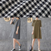 Elegant yellow plaid linen Tunics o neck half sleeve Midi summer Dress - SooLinen