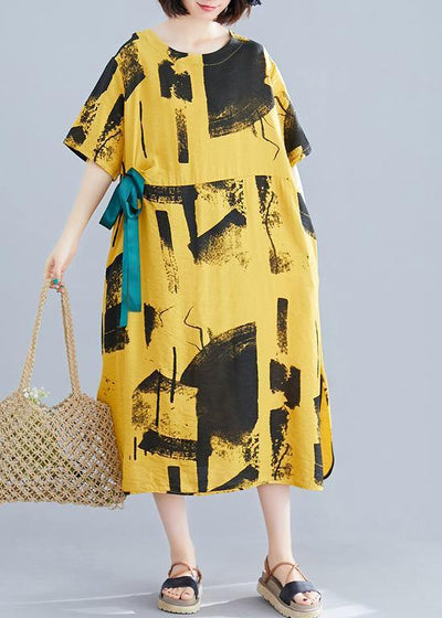 Elegant yellow print cotton Tunic o neck tie waist A Line summer Dresses - SooLinen