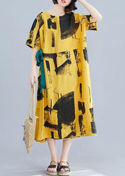 Elegant yellow print cotton Tunic o neck tie waist A Line summer Dresses - SooLinen