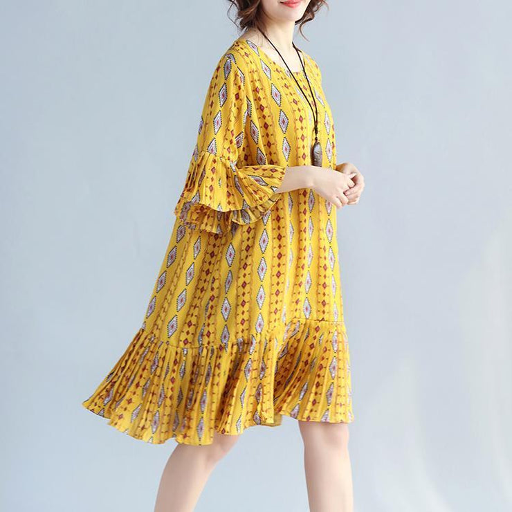 Elegant yellow prints chiffon shift dresses oversized chiffon clothing dresses women ruffles hem ruffles sleeve dress