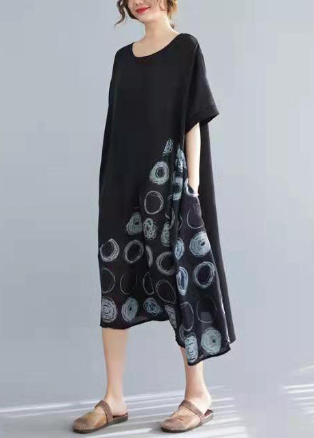 Elegant Black Cotton Tunics Patchwork Tunic Summer Dresses