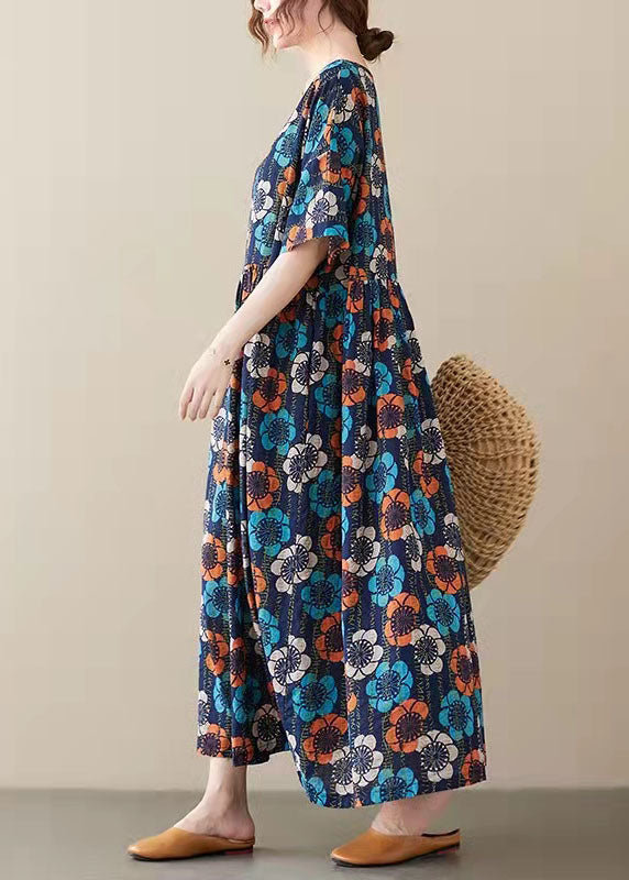 Elegant Blue O-Neck Print Summer Party Dress Half Sleeve