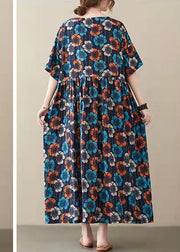 Elegant Blue O-Neck Print Summer Party Dress Half Sleeve