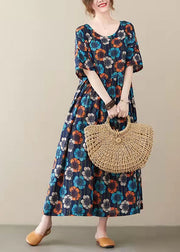 Elegant Blue O-Neck Print Summer Party Dress Half Sleeve