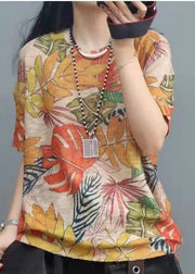 Elegant Print O-Neck Cotton Top Short Sleeve