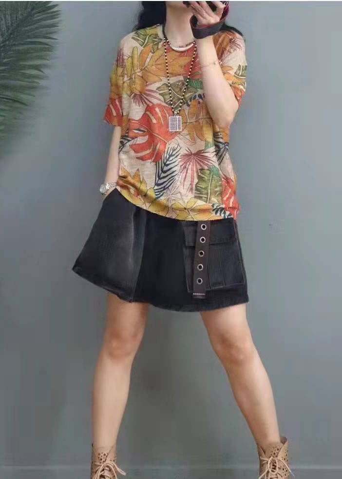 Elegant Print O-Neck Cotton Top Short Sleeve