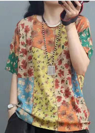 Elegant Print O-Neck Cotton Top Short Sleeve