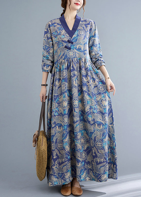 Ethnic Style Blue Wrinkled V Neck Exra Large Hem Cotton Long Dresses Long Sleeve